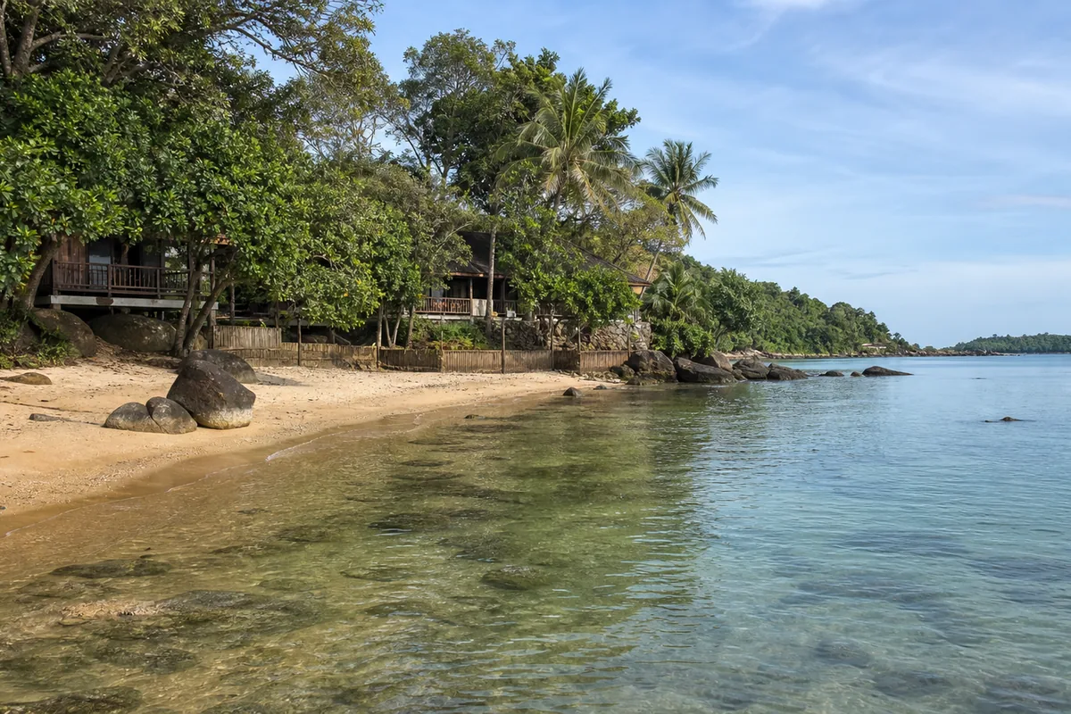 Ong Lang Beach Phu Quoc — quiet eco beach with bungalows and hammocks at sunset