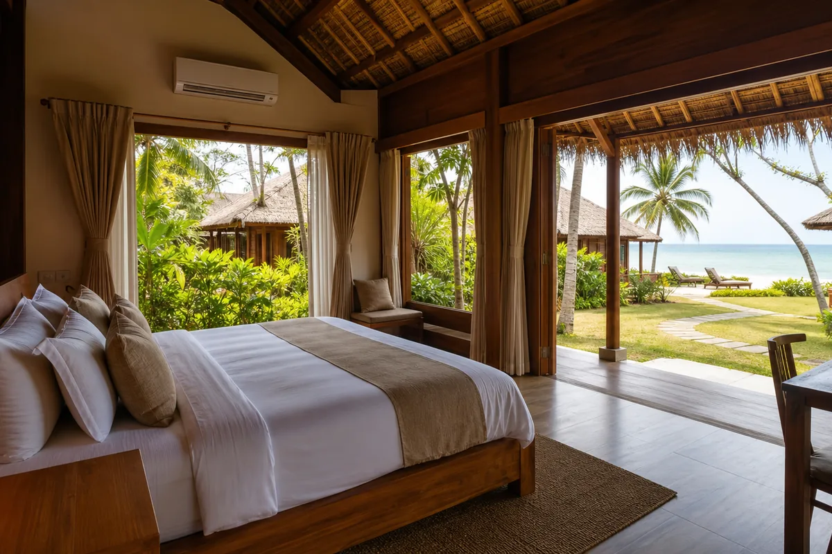 Beachfront bungalow interior — king bamboo bed frame with tropical hardwood ceiling and ceiling fan