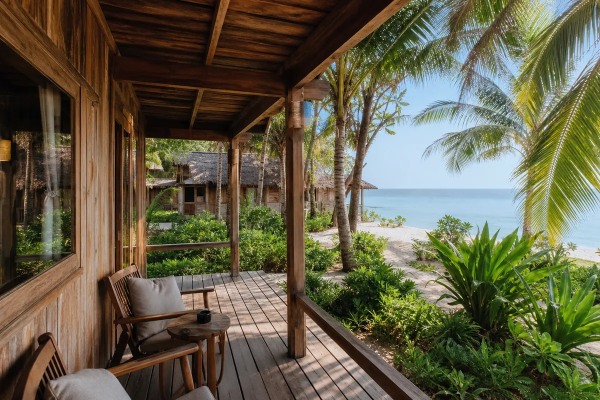 Beachfront bungalow terrace — hammock between coconut palms with turquoise Long Beach sea view