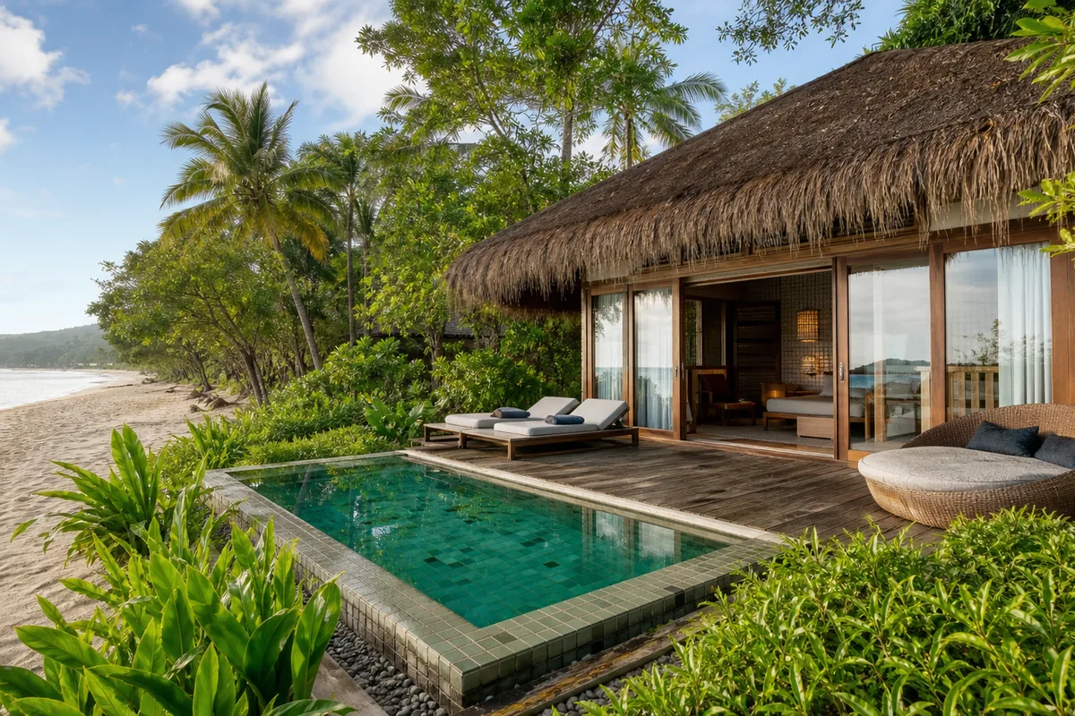 Pool Bungalow wraparound deck with hammock and BBQ grill overlooking private plunge pool, Phu Quoc