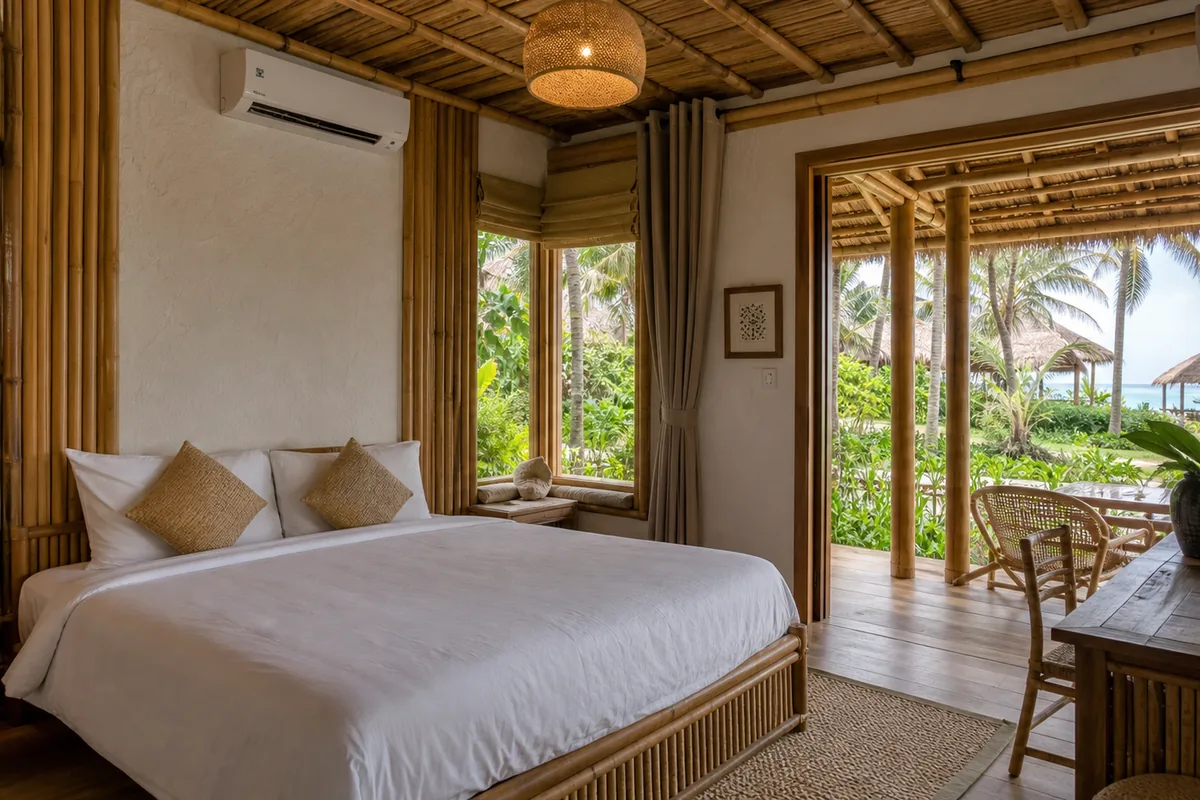 Nội thất cabin vườn — giường queen với đầu giường tre thủ công