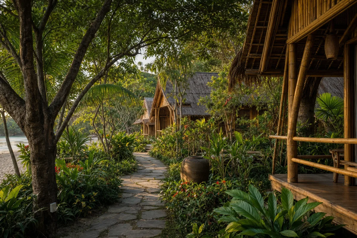 Lối đi sỏi thơm hoa sứ giữa các cabin vườn Phú Quốc