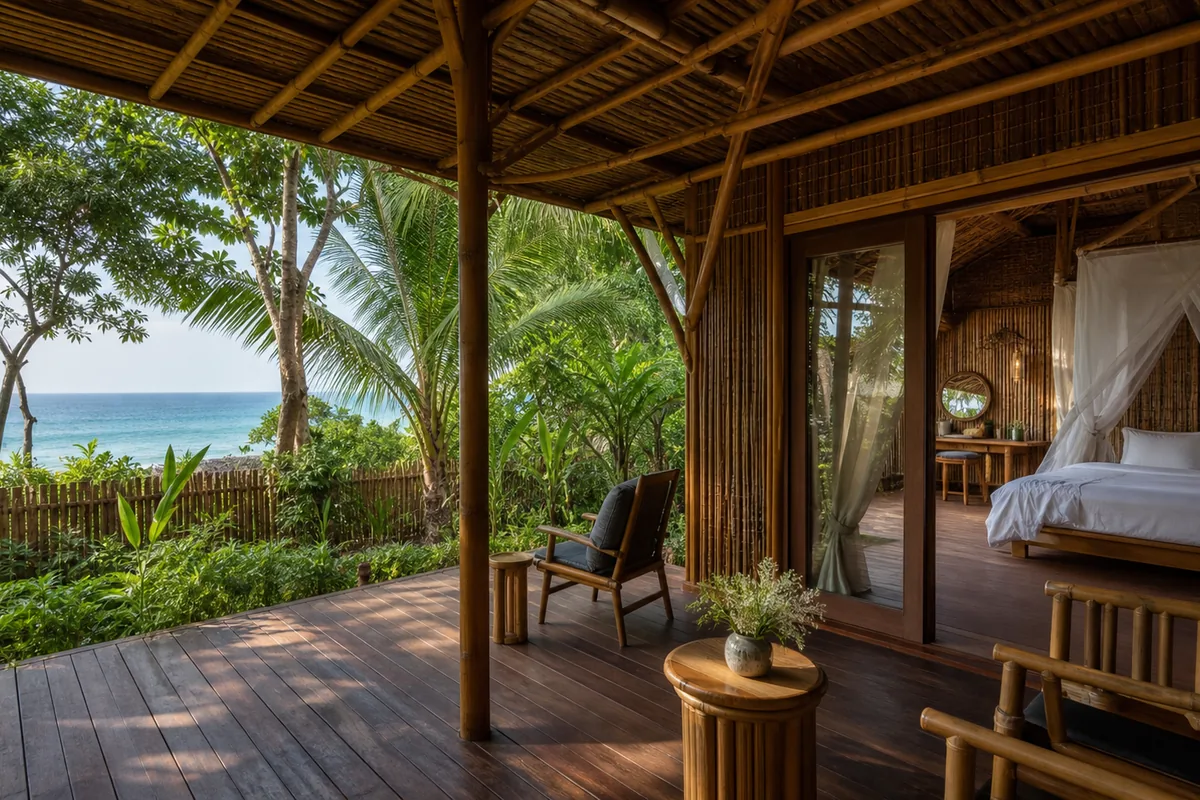 Sân hiên cabin vườn với võng và lối đi hoa sứ